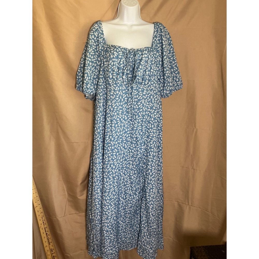 Shein Maxi Dress Womens 4X Blue Excellent Floral Puff Sleeve Cottagecore Boho